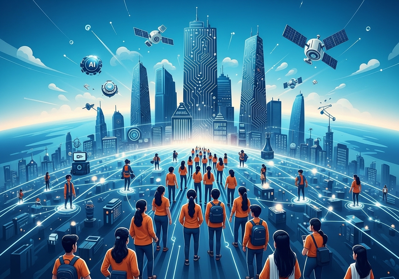 A visionary looking out at a futuristic cityscape